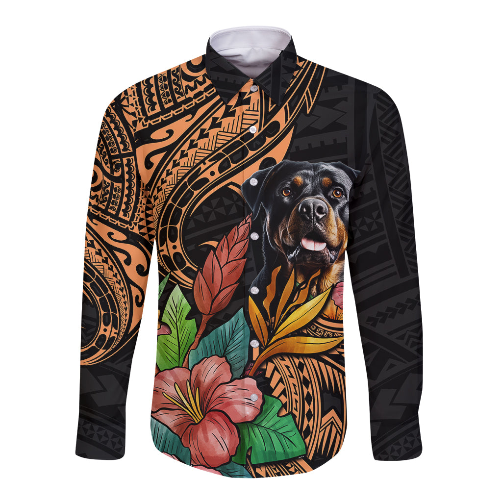 Black long-sleeve button shirt with colorful Polynesian trim and Rottweiler dog graphic