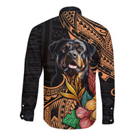 Black long-sleeve button shirt with Rottweiler portrait center and Polynesian pattern sleeves