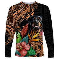 Unisex long-sleeve shirt with black Polynesian pattern and Rottweiler face graphic