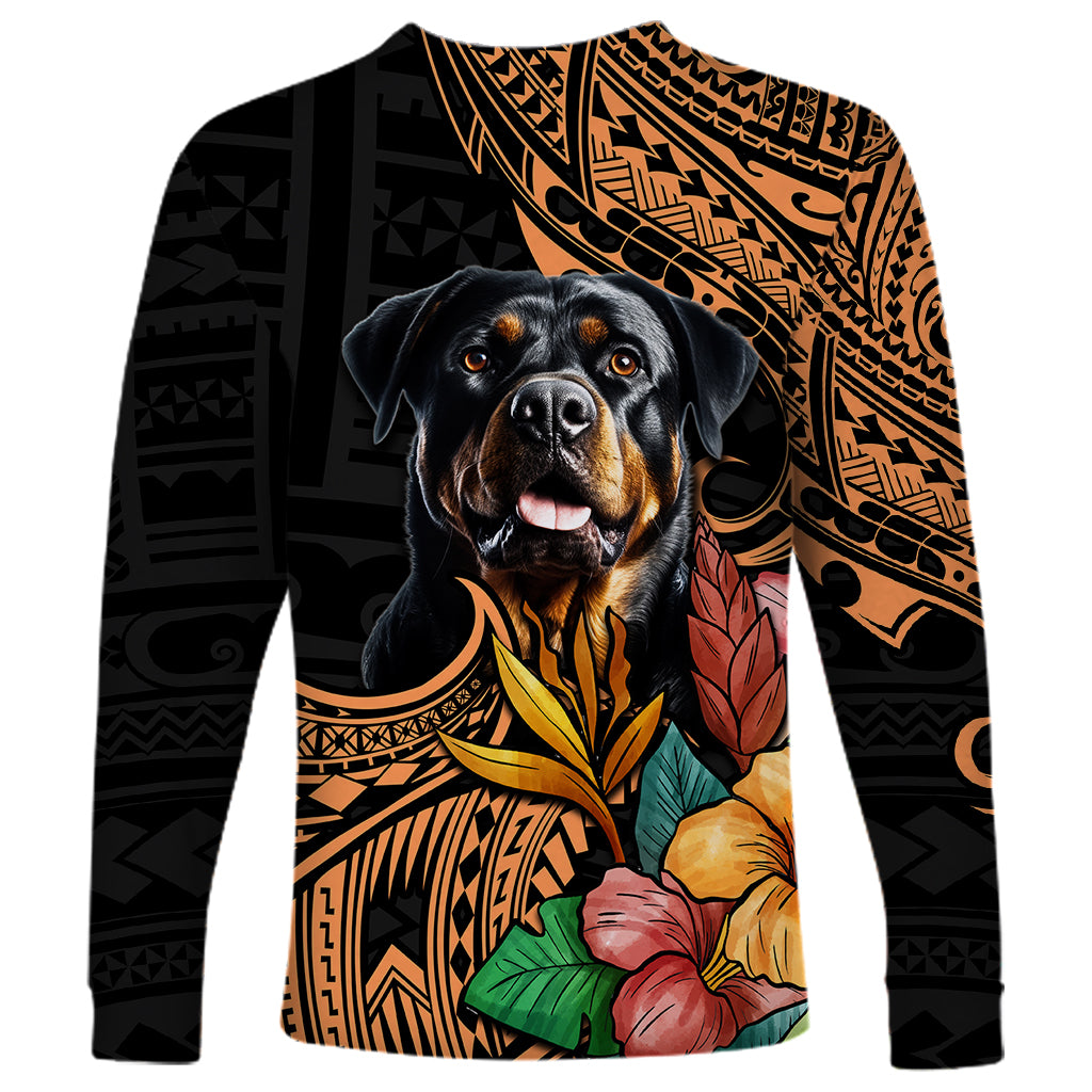 Unisex long-sleeve shirt featuring black Polynesian motifs with centered Rottweiler artwork