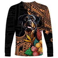 Unisex long-sleeve shirt featuring black Polynesian motifs with centered Rottweiler artwork