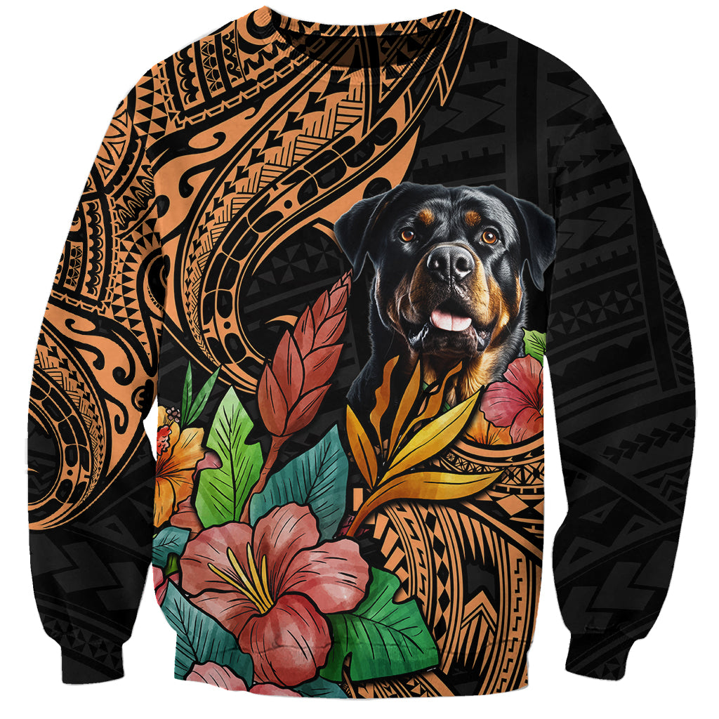 Black unisex sweatshirt with Polynesian pattern and Rottweiler portrait with flowers