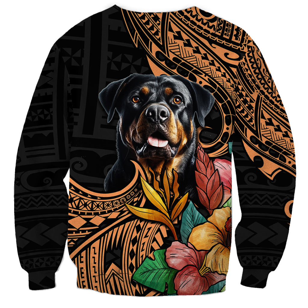Black unisex sweatshirt with Rottweiler face and Polynesian tribal motifs, colorful flowers