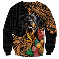 Black unisex sweatshirt with Rottweiler face and Polynesian tribal motifs, colorful flowers