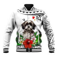 White baseball jacket with Polynesian pattern, Shih Tzu portrait and floral graphics