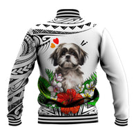 White varsity jacket with Shih Tzu portrait, red flowers and Polynesian-style sleeves