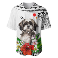 White baseball jersey with Shih Tzu portrait, red flowers, green leaves, tribal pattern hem