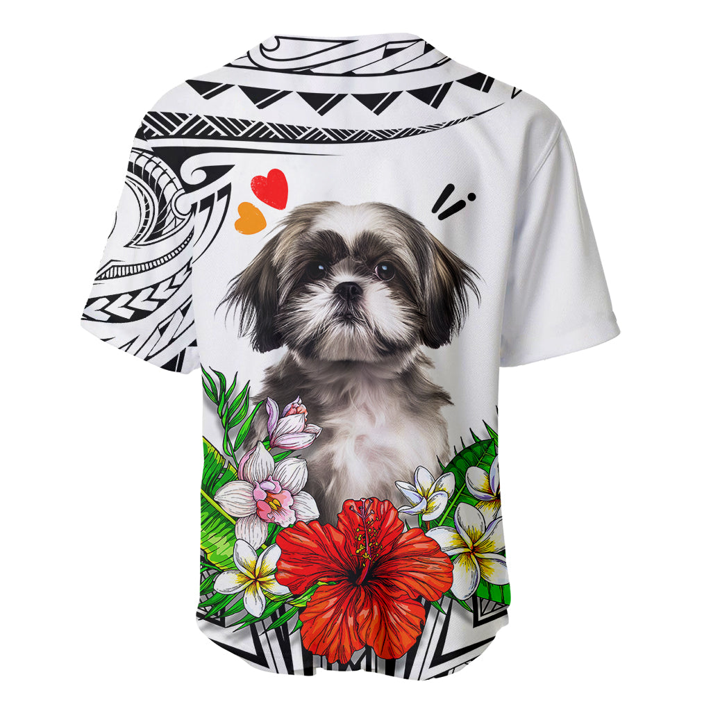White baseball jersey with Shih Tzu face, red hibiscus, green leaves, tribal shoulder pattern
