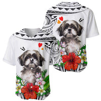 Pair of white baseball jerseys with Shih Tzu faces, red flowers, green leaves, tribal prints