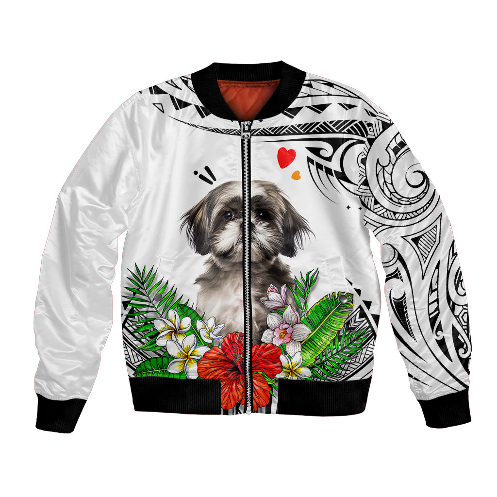White unisex bomber jacket with Shih Tzu portrait, tropical florals, tribal sleeve print.