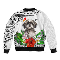 White unisex bomber jacket with back Shih Tzu portrait and tropical floral center print.
