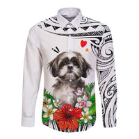 White long-sleeve button shirt with Shih Tzu portrait, flowers, and Polynesian pattern