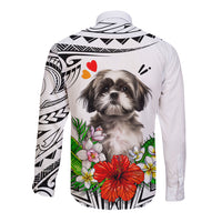 White long-sleeve button shirt with back Shih Tzu graphic, red hibiscus, and tribal print