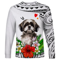 Unisex white long-sleeve shirt with Shih Tzu portrait and colorful floral Polynesian print