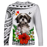 Unisex white long-sleeve shirt with Shih Tzu portrait, red flower, and tribal pattern