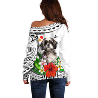 White off-shoulder sweater with Polynesian pattern and Shih Tzu dog portrait back print