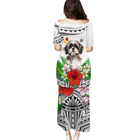 Long dress back view in white with Shih Tzu graphic and bold Polynesian border pattern