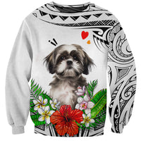 Unisex white sweatshirt with Shih Tzu portrait, tropical flowers, tribal Polynesian print