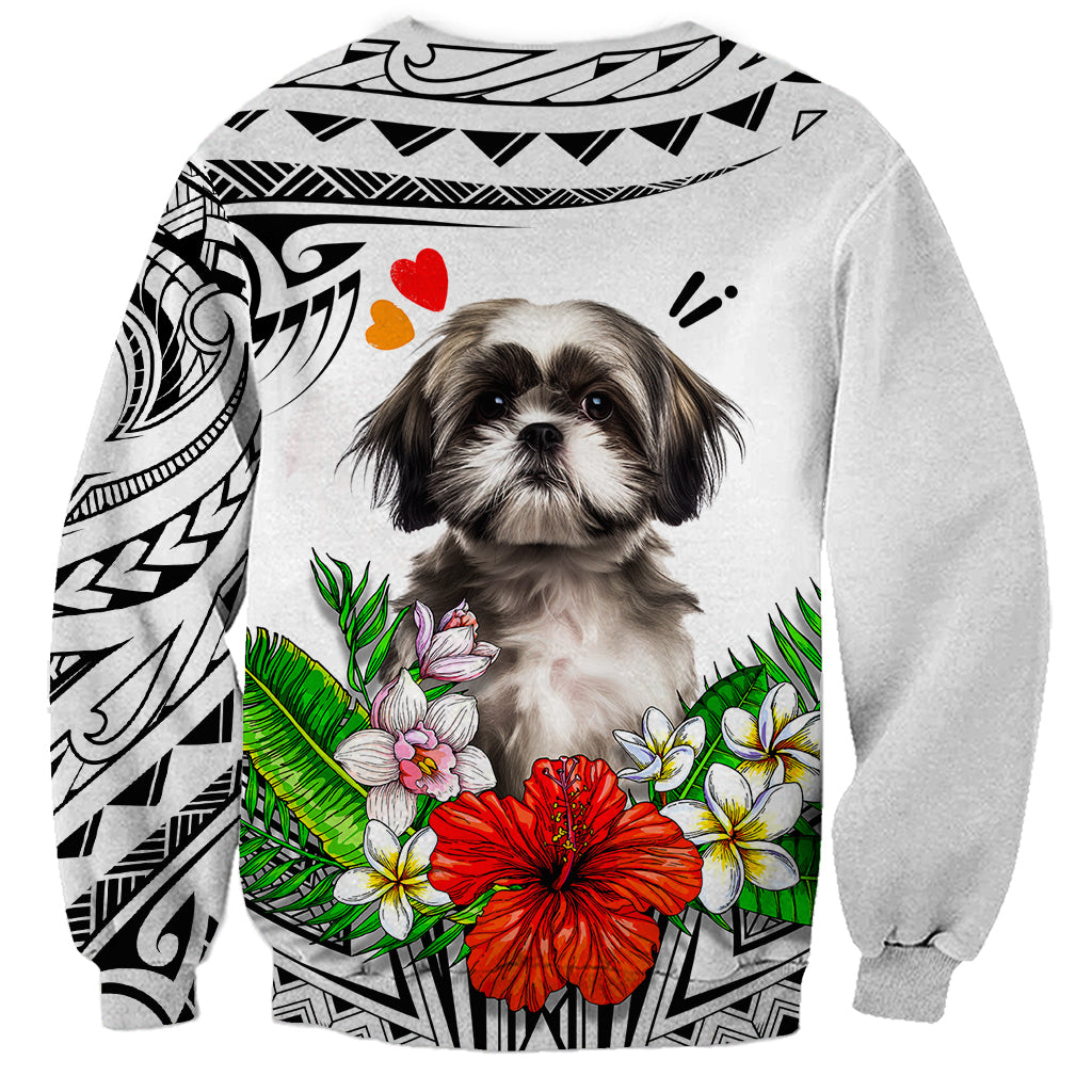 Unisex white sweatshirt with centered Shih Tzu face, red flower, palm leaves, tribal trim