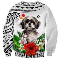 Unisex white sweatshirt with centered Shih Tzu face, red flower, palm leaves, tribal trim
