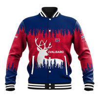 Red and blue baseball jacket with reindeer, pine trees, and Svalbard graphic