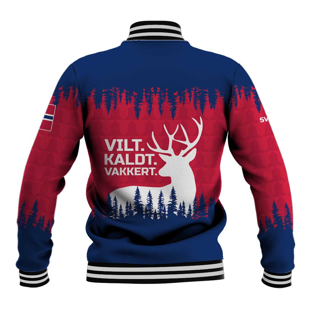 Blue and red baseball jacket back with reindeer silhouette, pine trees, and slogan