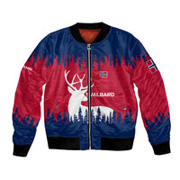 Unisex red and blue bomber jacket with reindeer silhouette, forest print, zip front