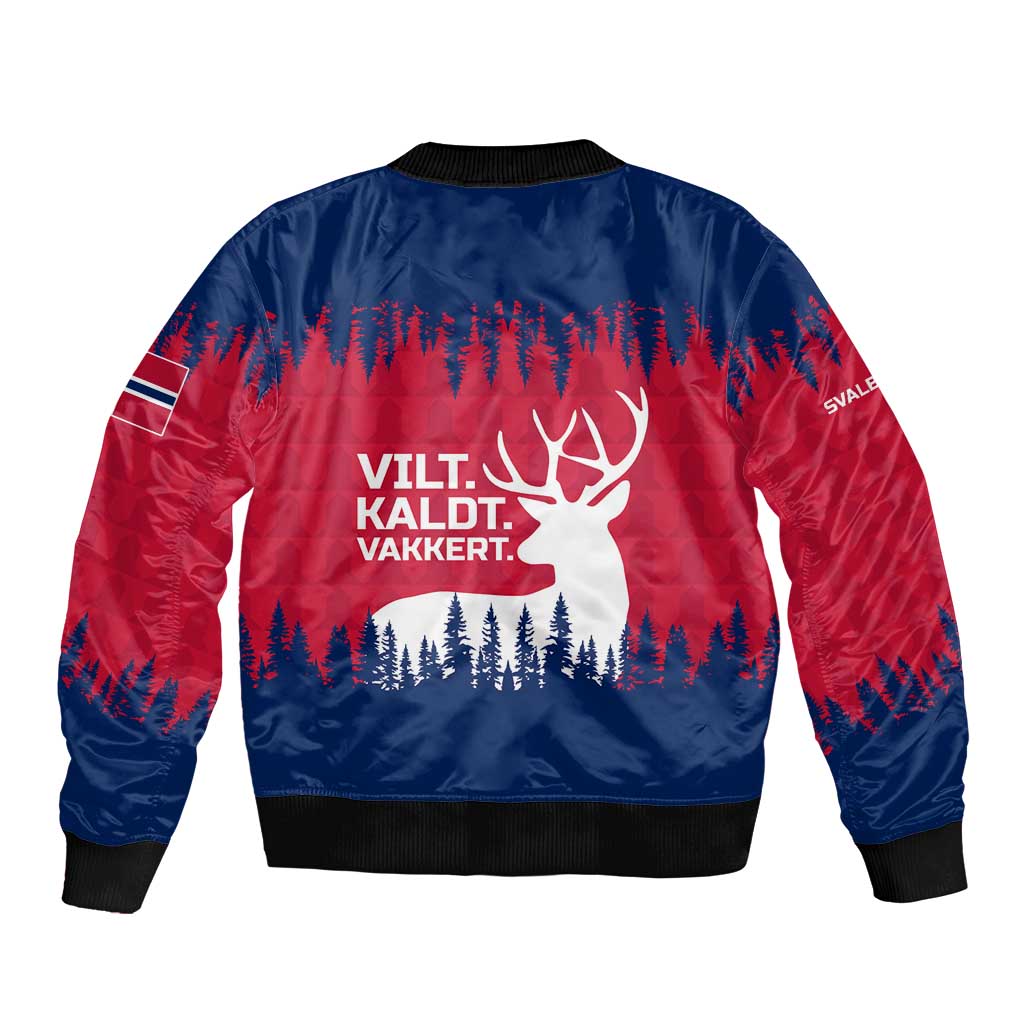 Unisex red and blue bomber jacket back with reindeer silhouette, forest scene, printed text