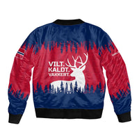 Unisex red and blue bomber jacket back with reindeer silhouette, forest scene, printed text