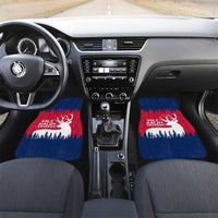 Car interior front with two mats: blue background, red border, reindeer and pine scene