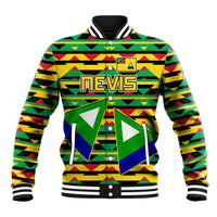 Green and yellow geometric baseball jacket with front Nevis and crest graphic.