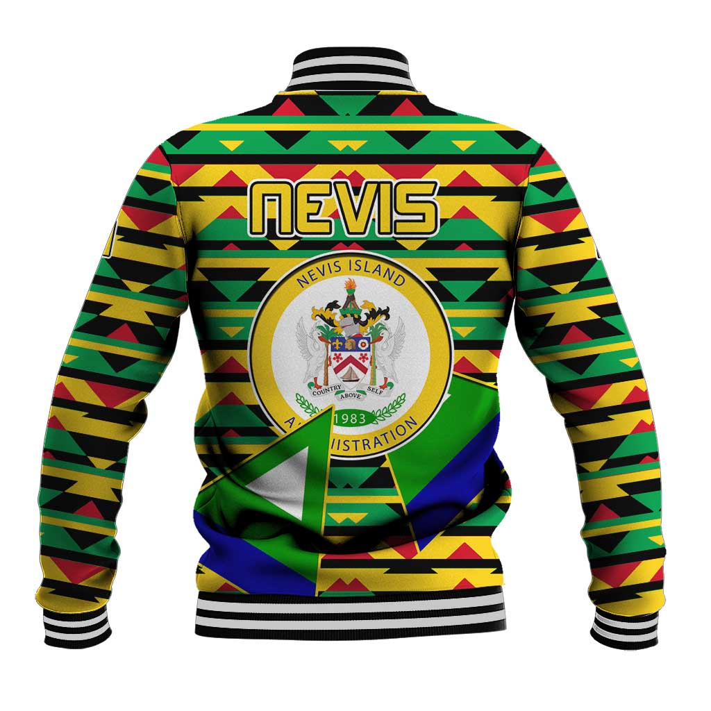 Green and yellow baseball jacket back with Nevis Island crest and geometric pattern.