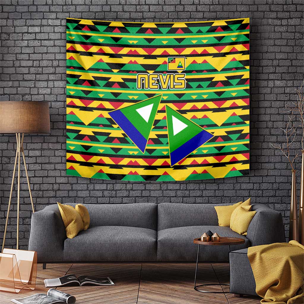 Geometric Nevis coat of arms tapestry wall hanging in green, yellow, red, and blue.