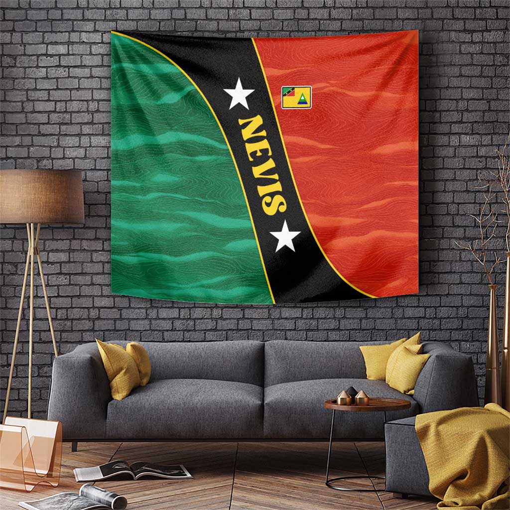 Nevis tapestry wall hanging, red/green/black with 'Nevis' text, stars, coat of arms