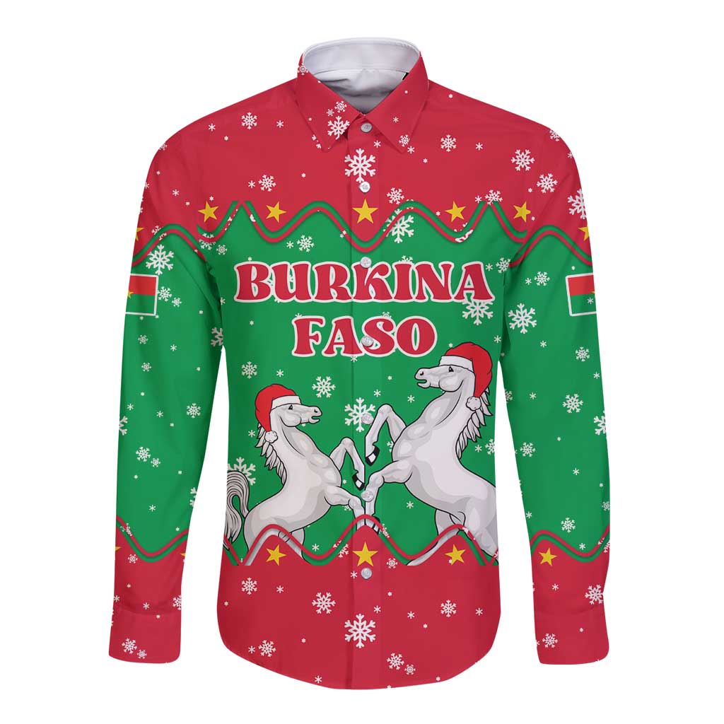 Christmas Burkina Faso Long Sleeve Button Shirt Snowflake Horses and Coat of Arms - Wonder Print Shop