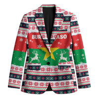 Unisex festive blazer with red, green, and white holiday pattern, black lapels and button