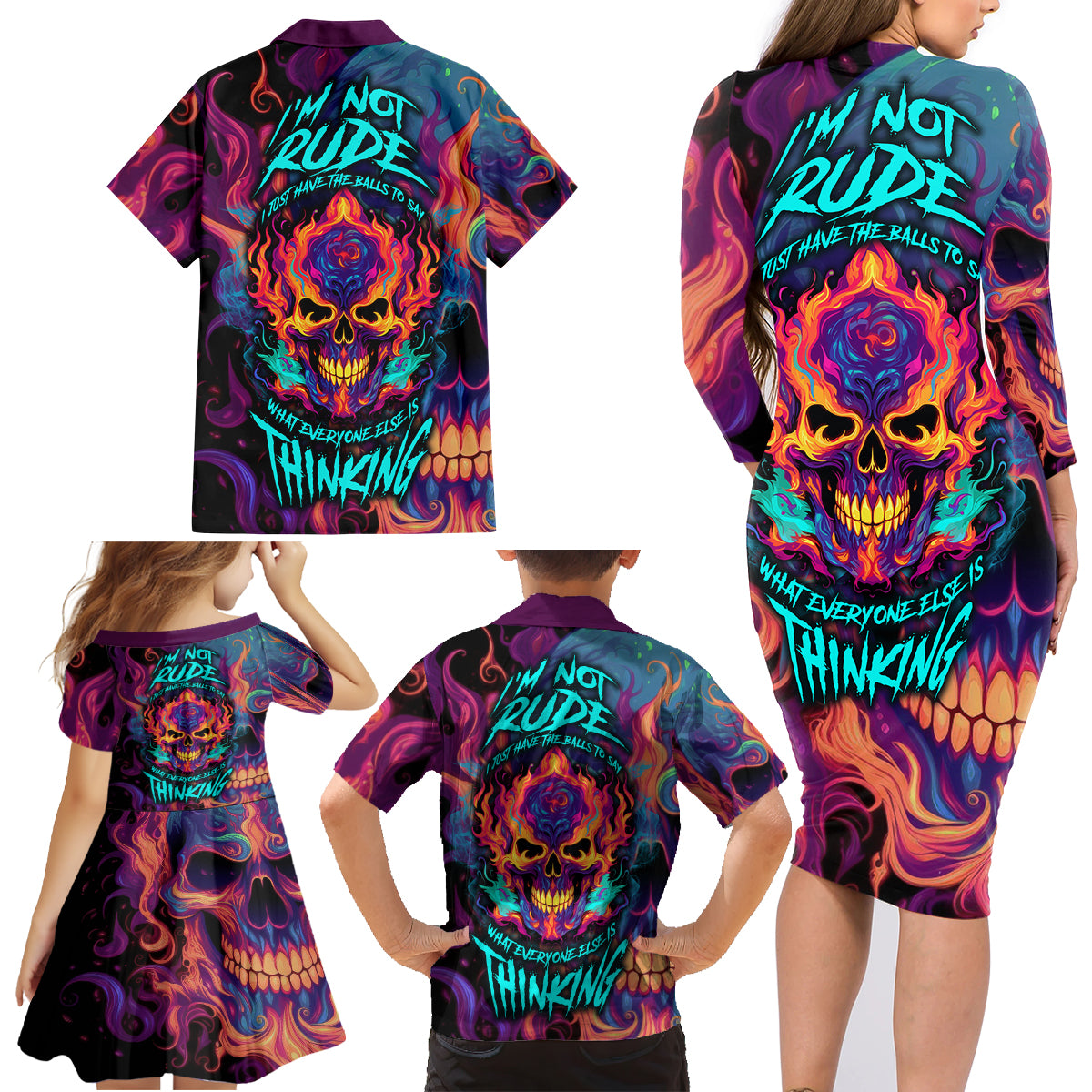 Colorful Fire Skull Family Matching Long Sleeve Bodycon Dress and Hawaiian Shirt I'm not rude i just have the balls to say what everyone else is Thingking - Wonder Print Shop