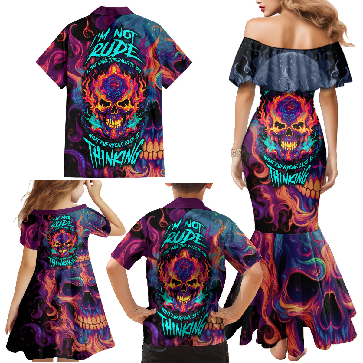 Colorful Fire Skull Family Matching Mermaid Dress and Hawaiian Shirt I'm not rude i just have the balls to say what everyone else is Thingking - Wonder Print Shop