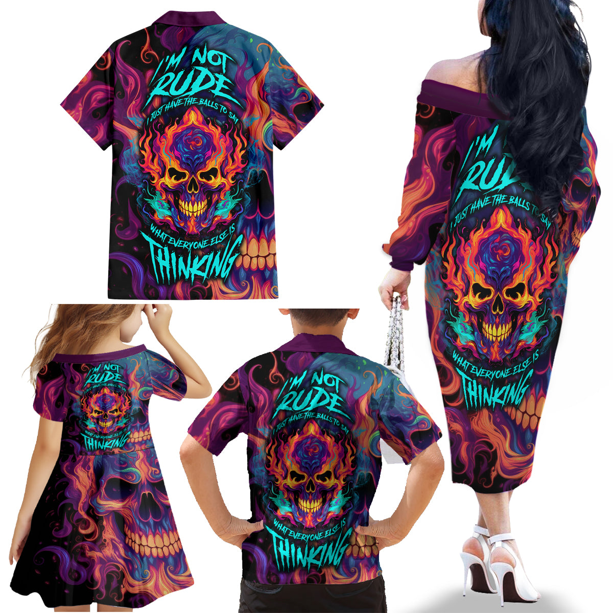 Colorful Fire Skull Family Matching Off Shoulder Long Sleeve Dress and Hawaiian Shirt I'm not rude i just have the balls to say what everyone else is Thingking - Wonder Print Shop