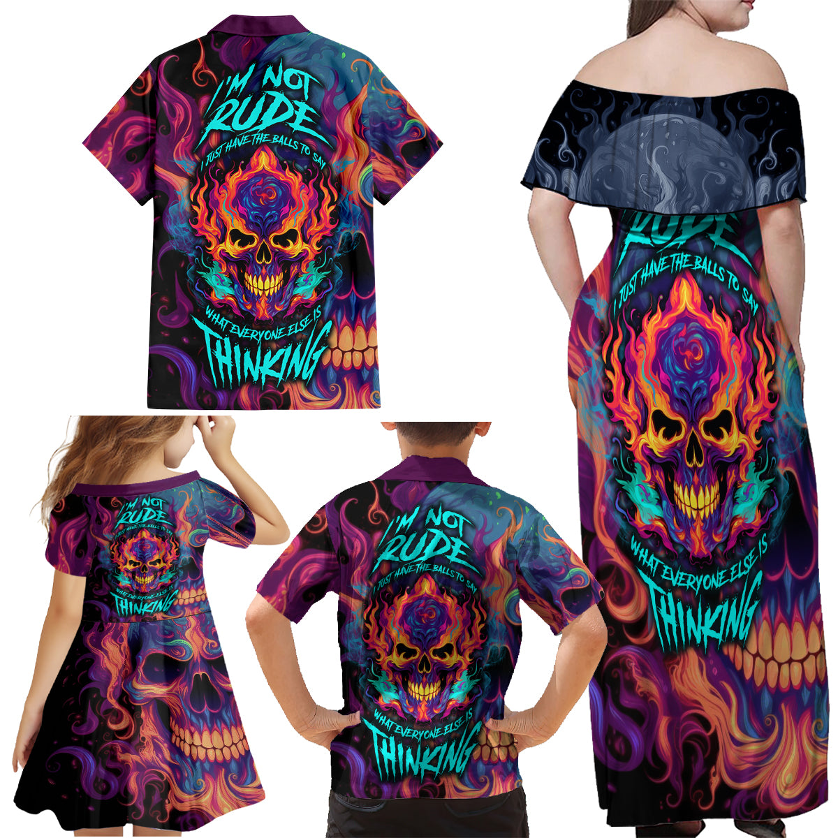 Colorful Fire Skull Family Matching Off Shoulder Maxi Dress and Hawaiian Shirt I'm not rude i just have the balls to say what everyone else is Thingking - Wonder Print Shop