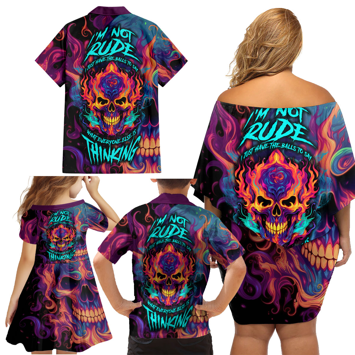 Colorful Fire Skull Family Matching Off Shoulder Short Dress and Hawaiian Shirt I'm not rude i just have the balls to say what everyone else is Thingking - Wonder Print Shop