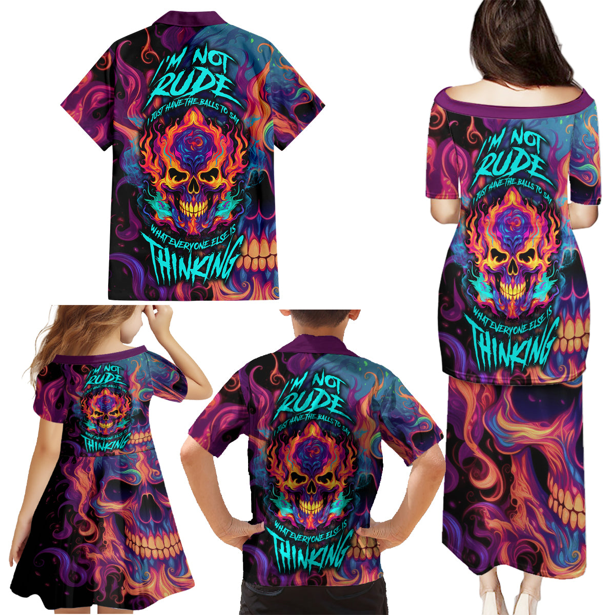 Colorful Fire Skull Family Matching Puletasi Dress and Hawaiian Shirt I'm not rude i just have the balls to say what everyone else is Thingking - Wonder Print Shop