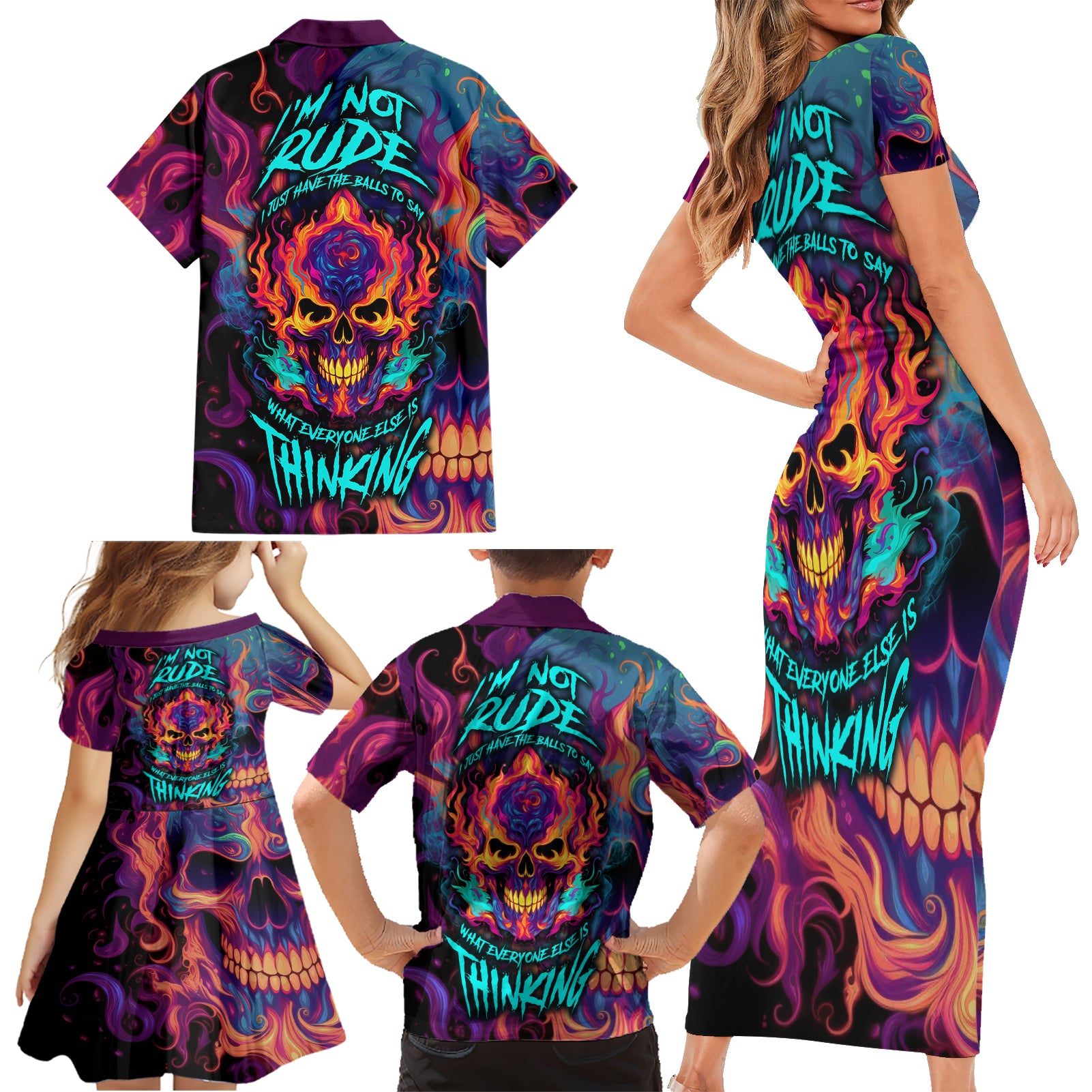 Colorful Fire Skull Family Matching Short Sleeve Bodycon Dress and Hawaiian Shirt I'm not rude i just have the balls to say what everyone else is Thingking - Wonder Print Shop