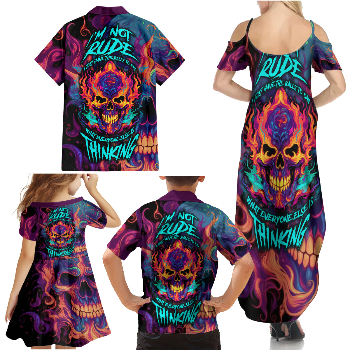 Colorful Fire Skull Family Matching Summer Maxi Dress and Hawaiian Shirt I'm not rude i just have the balls to say what everyone else is Thingking - Wonder Print Shop