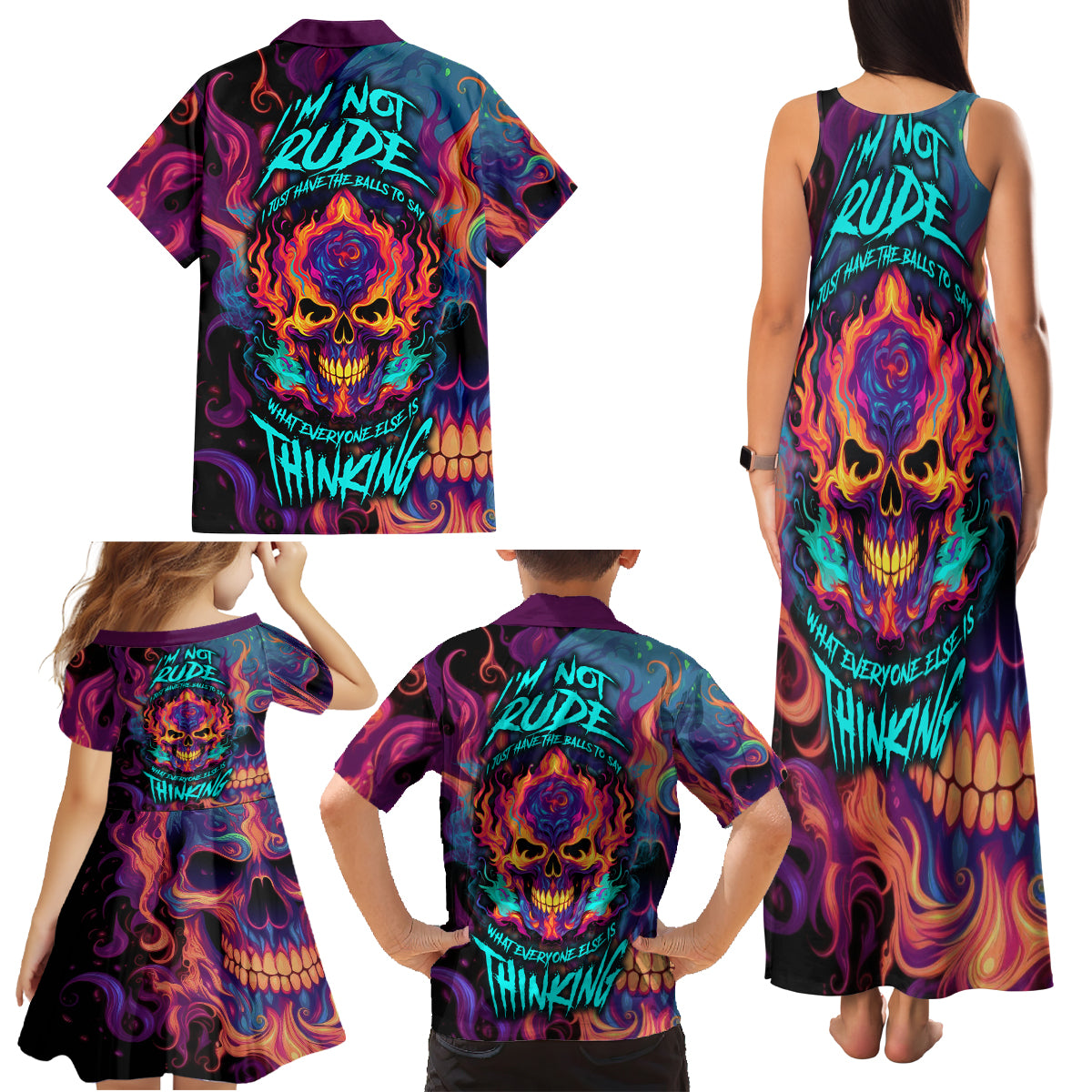 Colorful Fire Skull Family Matching Tank Maxi Dress and Hawaiian Shirt I'm not rude i just have the balls to say what everyone else is Thingking - Wonder Print Shop