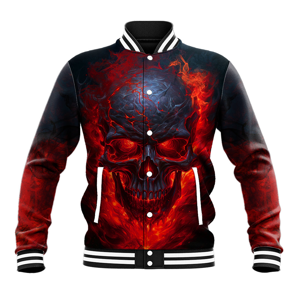 Black baseball jacket with red skull graphic, button front and striped ribbed hem