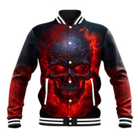 Black baseball jacket with red skull graphic, button front and striped ribbed hem