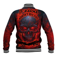 Black baseball jacket with red skull graphic, striped ribbed collar and cuffs