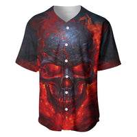 Black horror skull baseball jersey with fiery red front graphic, button placket, short sleeves