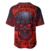 Black horror skull baseball jersey with fiery red graphics, short sleeves, back view